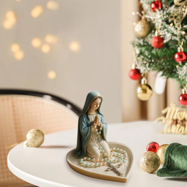 Virgin Mary Rosary Holder Resin Mary or Jesus Figurine Jewelry Dish Our Lady Prayer Rosary Dish Religious Gift Catholic Decor for Home Bedroom Personal Devotional