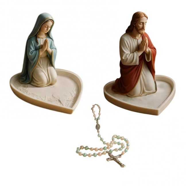 Virgin Mary Rosary Holder Resin Mary or Jesus Figurine Jewelry Dish Our Lady Prayer Rosary Dish Religious Gift Catholic Decor for Home Bedroom Personal Devotional
