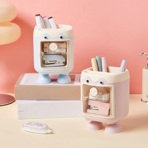 Cute Cartoon Pig Pen Holder Multi-Grid Desk Organizer with Drawer Multi-functional Cosmetic Makeup Brush Holder for Home Office School Supplies