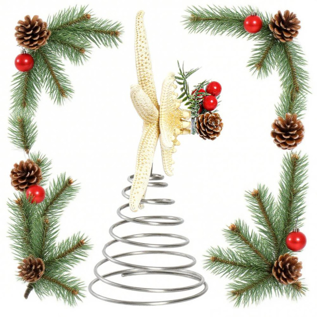 Christmas Starfish Tree Topper Coastal Beach Treetop Ornament with Red Berries Pine Cone for Holiday Xmas Home Indoor Outdoor Decor