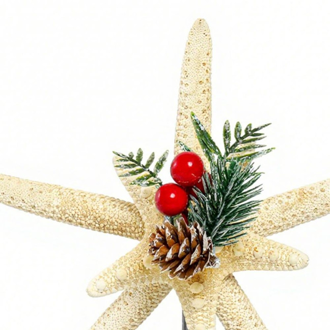 Christmas Starfish Tree Topper Coastal Beach Treetop Ornament with Red Berries Pine Cone for Holiday Xmas Home Indoor Outdoor Decor