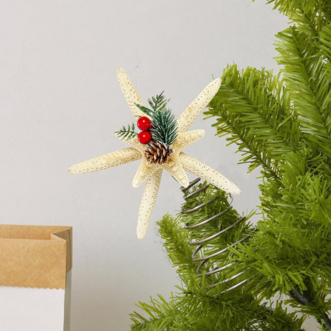 Christmas Starfish Tree Topper Coastal Beach Treetop Ornament with Red Berries Pine Cone for Holiday Xmas Home Indoor Outdoor Decor