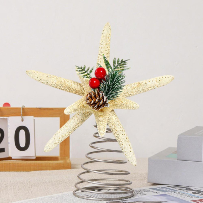 Christmas Starfish Tree Topper Coastal Beach Treetop Ornament with Red Berries Pine Cone for Holiday Xmas Home Indoor Outdoor Decor
