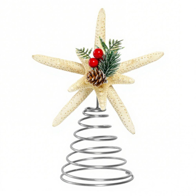 Christmas Starfish Tree Topper Coastal Beach Treetop Ornament with Red Berries Pine Cone for Holiday Xmas Home Indoor Outdoor Decor