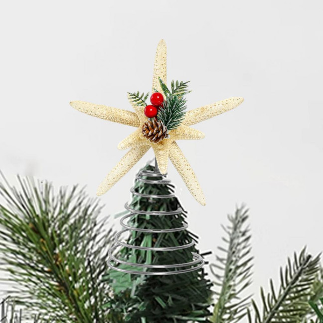 Christmas Starfish Tree Topper Coastal Beach Treetop Ornament with Red Berries Pine Cone for Holiday Xmas Home Indoor Outdoor Decor