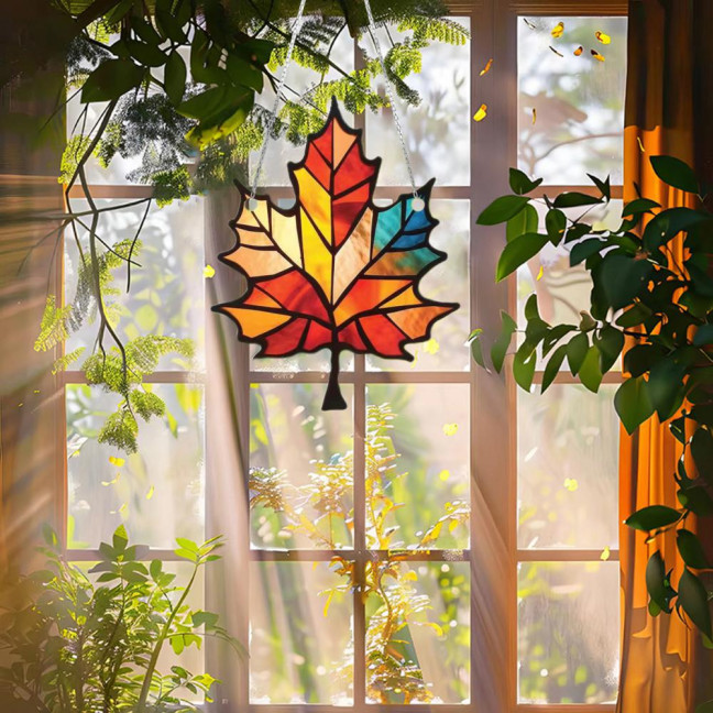 Maple Leaf Suncatcher Hanging Decoration Thanksgiving Day Autumn Stained Glass 2D Flat Acrylic Glass Window Wall Hanging Sign Ornament 