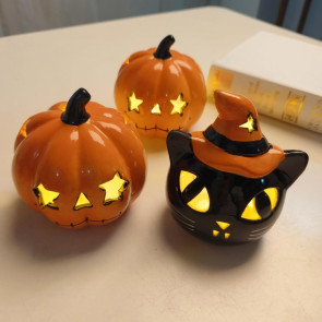 Halloween Ceramic Cat Pumpkin Figurine Carved Cat Pumpkin Tabletop Tealight Candle Holder for Indoor Home Party Decor