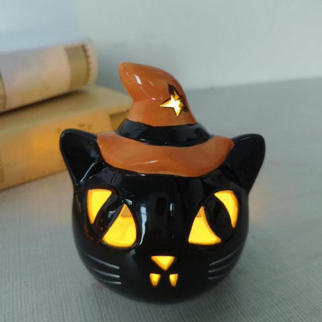 Halloween Ceramic Cat Pumpkin Figurine Carved Cat Pumpkin Tabletop Tealight Candle Holder for Indoor Home Party Decor Halloween Ceramic Cat Pumpkin Figurine Carved Cat Pumpkin Tabletop Tealight Candle Holder for Indoor Home Party Decor