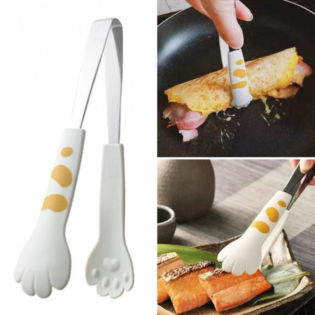 3Pcs/set Kitchen Tongs Stainless Steel Cartoon Cat Paw Shape Bread Tongs Heat-Resistant Non-Slip Handle Pliers Cooking Tools