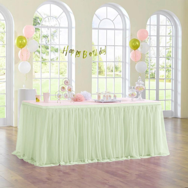 Tulle Table Skirt for Rectangular Tables 4/6/9ft Wrinkle Free Table Cloth with Tutu Skirt Reusable Tablecloth for Wedding Bridal Shower Birthday Party Banquet Cake Table