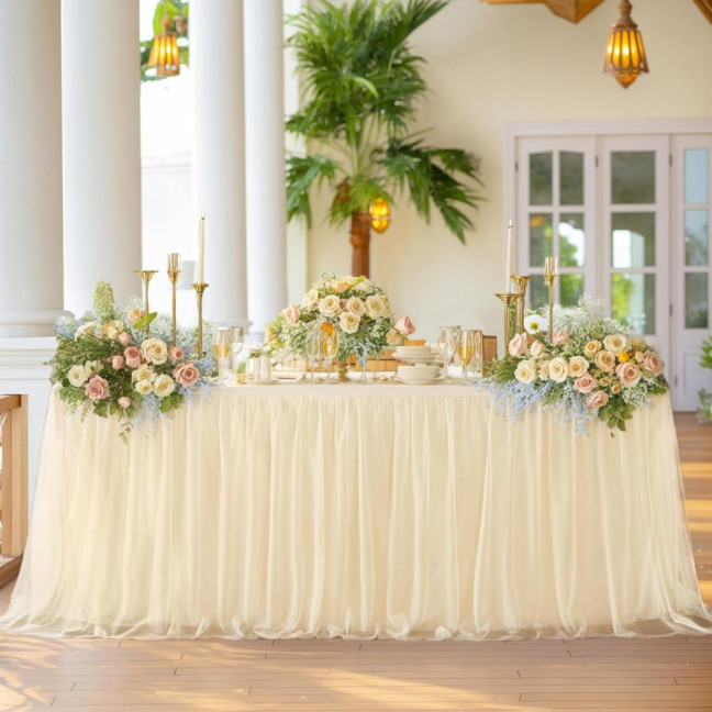 Tulle Table Skirt for Rectangular Tables 4/6/9ft Wrinkle Free Table Cloth with Tutu Skirt Reusable Tablecloth for Wedding Bridal Shower Birthday Party Banquet Cake Table