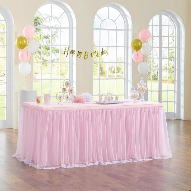 Tulle Table Skirt for Rectangular Tables 4/6/9ft Wrinkle Free Table Cloth with Tutu Skirt Reusable Tablecloth for Wedding Bridal Shower Birthday Party Banquet Cake Table