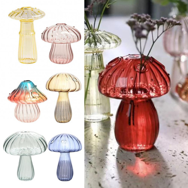Mini Mushroom Shape Vase Colorful Transparent Glass Hydroponic Vase Flower Plant Display Vase Home Decoration 