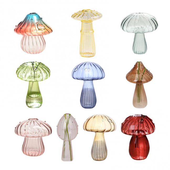 Mini Mushroom Shape Vase Colorful Transparent Glass Hydroponic Vase Flower Plant Display Vase Home Decoration 