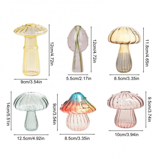 Mini Mushroom Shape Vase Colorful Transparent Glass Hydroponic Vase Flower Plant Display Vase Home Decoration 