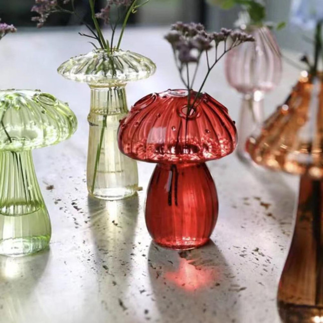 Mini Mushroom Shape Vase Colorful Transparent Glass Hydroponic Vase Flower Plant Display Vase Home Decoration 