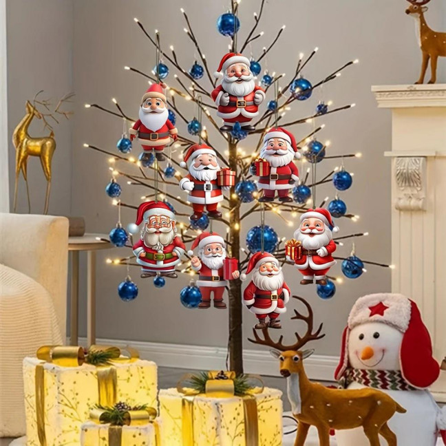 12 Pcs Wooden Santa Claus Ornaments Christmas Tree Hanging Cartoon Santa Claus Decoration for Xmas Tree Party Decor