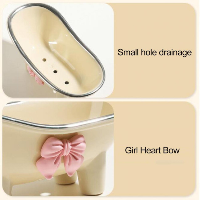 Versatile Soap Dish with Drain Holes Bow-knot Design Easy to Clean Decorative Bathtub Shaped Soap Tray for Bathroom Versatile Soap Dish with Drain Holes Bow-knot Design Easy to Clean Decorative Bathtub Shaped Soap Tray for Bathroom