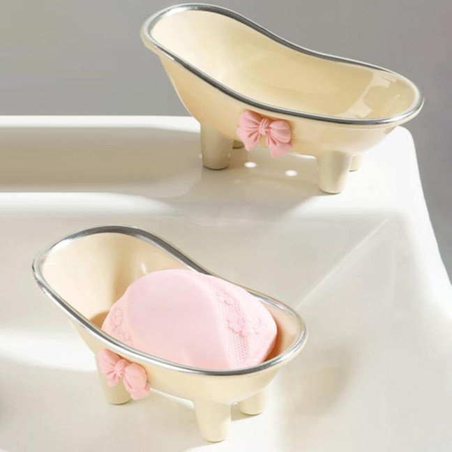 Versatile Soap Dish with Drain Holes Bow-knot Design Easy to Clean Decorative Bathtub Shaped Soap Tray for Bathroom Versatile Soap Dish with Drain Holes Bow-knot Design Easy to Clean Decorative Bathtub Shaped Soap Tray for Bathroom