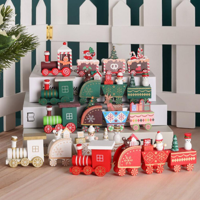 Christmas Train Decoration Wooden Festive Mini Train Ornament Xmas Train Centerpiece for Mantel Dining Table Happy New Year Gift