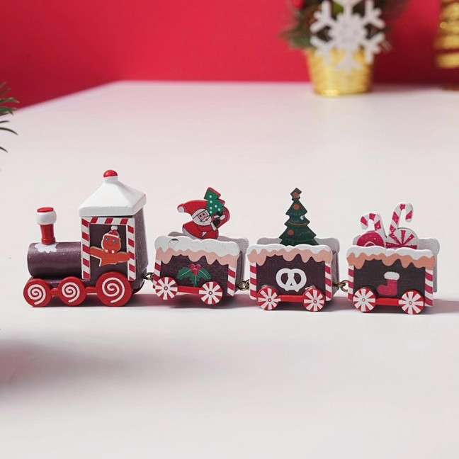 Christmas Train Decoration Wooden Festive Mini Train Ornament Xmas Train Centerpiece for Mantel Dining Table Happy New Year Gift