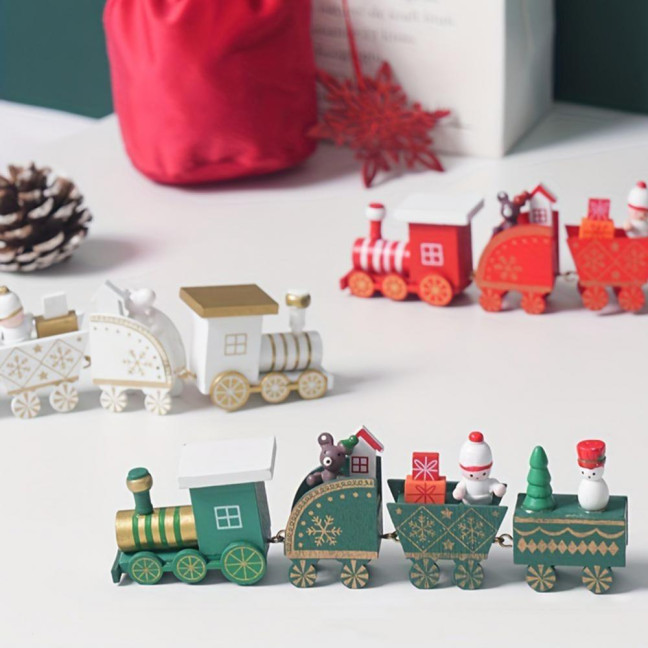 Christmas Train Decoration Wooden Festive Mini Train Ornament Xmas Train Centerpiece for Mantel Dining Table Happy New Year Gift