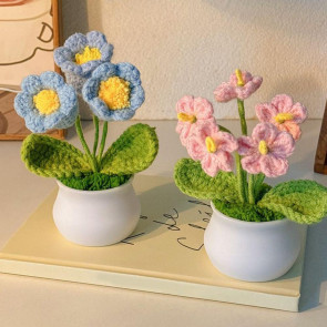 Hand Crocheted Flowers Handmade Lily of The Valley Plant Finished Crochet Potted Sunflower Artificial Forget-Me-Not Flower for Home Desktop Decoration