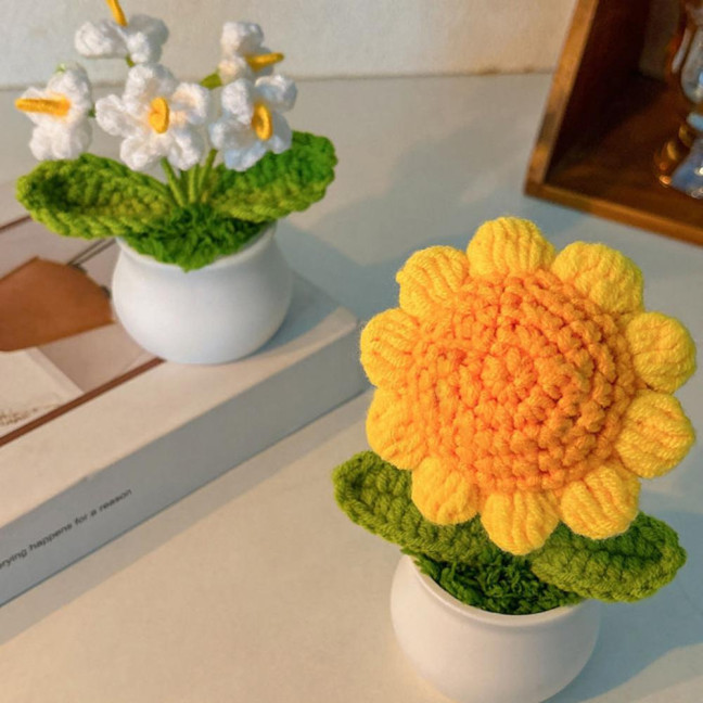 Hand Crocheted Flowers Handmade Lily of The Valley Plant Finished Crochet Potted Sunflower Artificial Forget-Me-Not Flower for Home Desktop Decoration