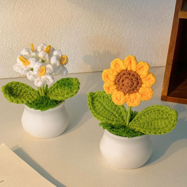 Hand Crocheted Flowers Handmade Lily of The Valley Plant Finished Crochet Potted Sunflower Artificial Forget-Me-Not Flower for Home Desktop Decoration