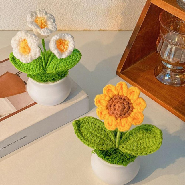 Hand Crocheted Flowers Handmade Lily of The Valley Plant Finished Crochet Potted Sunflower Artificial Forget-Me-Not Flower for Home Desktop Decoration