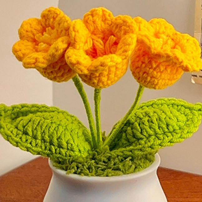 Hand Crocheted Flowers Handmade Lily of The Valley Plant Finished Crochet Potted Sunflower Artificial Forget-Me-Not Flower for Home Desktop Decoration