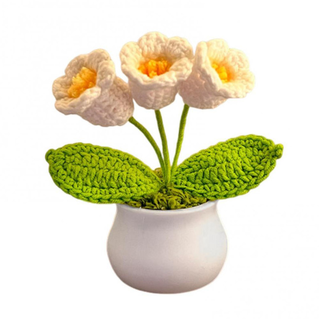 Hand Crocheted Flowers Handmade Lily of The Valley Plant Finished Crochet Potted Sunflower Artificial Forget-Me-Not Flower for Home Desktop Decoration