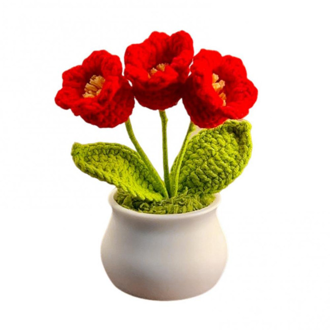 Hand Crocheted Flowers Handmade Lily of The Valley Plant Finished Crochet Potted Sunflower Artificial Forget-Me-Not Flower for Home Desktop Decoration