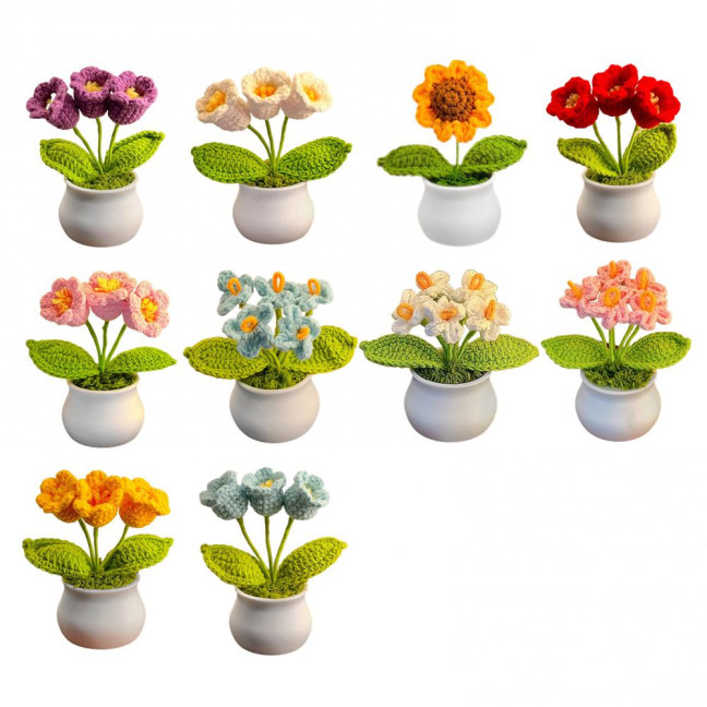 Hand Crocheted Flowers Handmade Lily of The Valley Plant Finished Crochet Potted Sunflower Artificial Forget-Me-Not Flower for Home Desktop Decoration