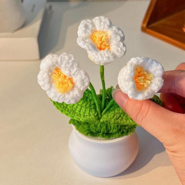 Hand Crocheted Flowers Handmade Lily of The Valley Plant Finished Crochet Potted Sunflower Artificial Forget-Me-Not Flower for Home Desktop Decoration
