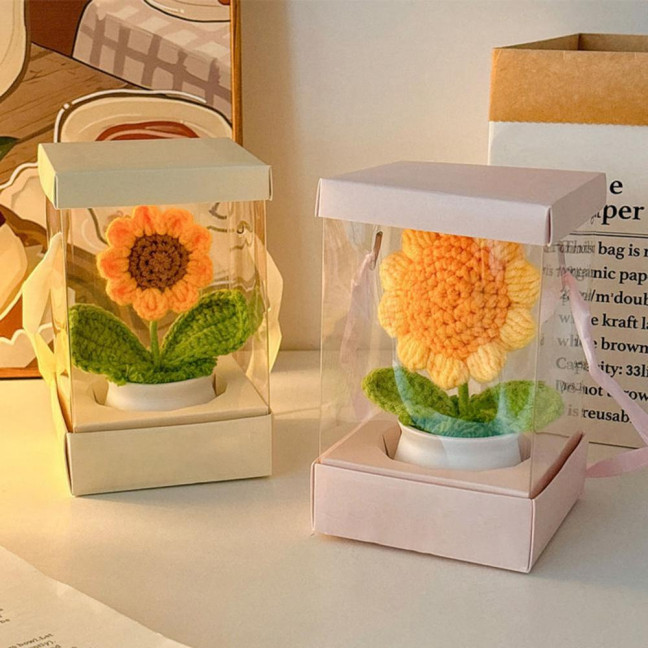 Hand Crocheted Flowers Handmade Lily of The Valley Plant Finished Crochet Potted Sunflower Artificial Forget-Me-Not Flower for Home Desktop Decoration