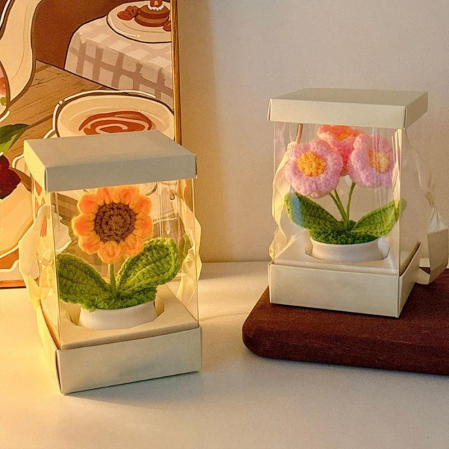 Hand Crocheted Flowers Handmade Lily of The Valley Plant Finished Crochet Potted Sunflower Artificial Forget-Me-Not Flower for Home Desktop Decoration