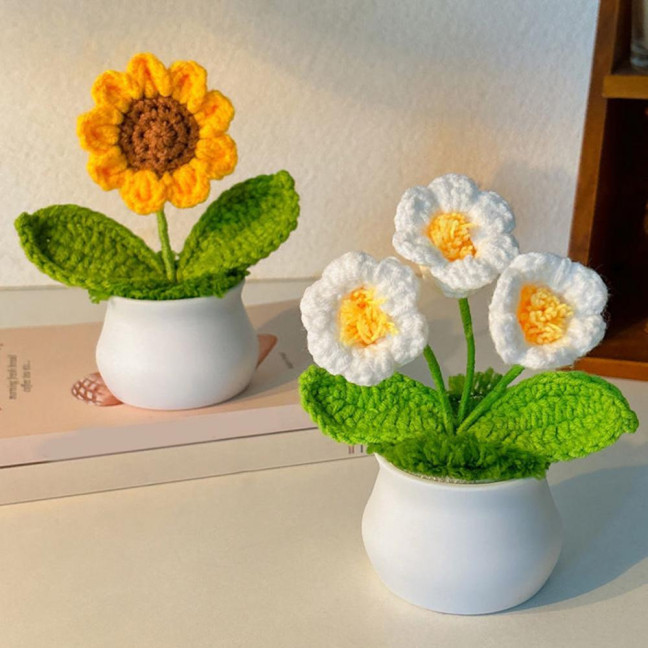 Hand Crocheted Flowers Handmade Lily of The Valley Plant Finished Crochet Potted Sunflower Artificial Forget-Me-Not Flower for Home Desktop Decoration