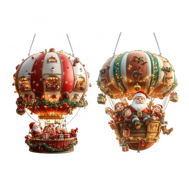 Christmas Hot Air Balloon Ornaments 2D Acrylic Xmas Tree Pendant Cartoon Santa in Hot Air Balloon Hanging Decoration for Trees Doors Windows Decor