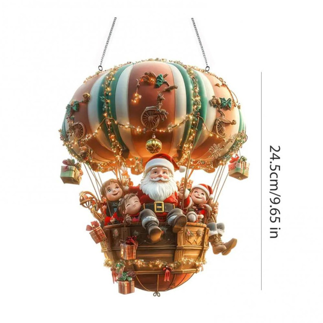 Christmas Hot Air Balloon Ornaments 2D Acrylic Xmas Tree Pendant Cartoon Santa in Hot Air Balloon Hanging Decoration for Trees Doors Windows Decor