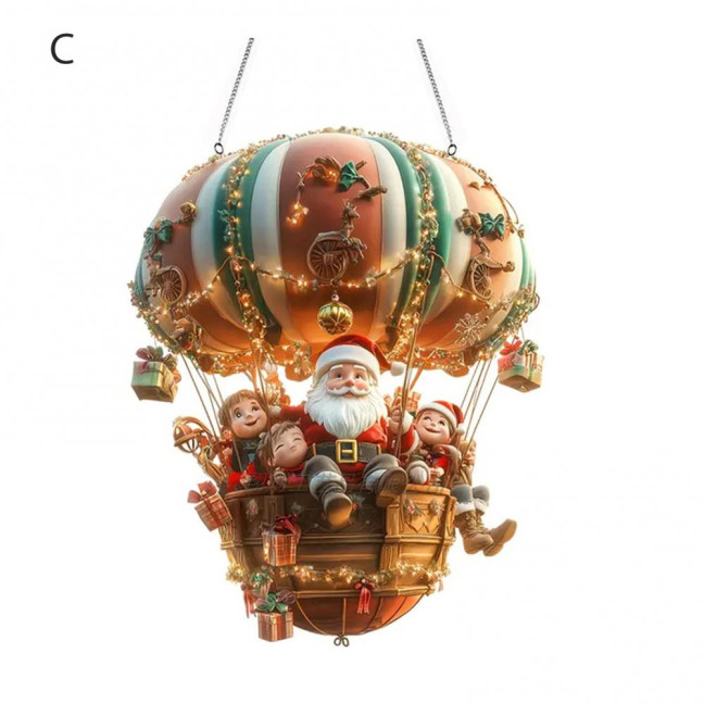 Christmas Hot Air Balloon Ornaments 2D Acrylic Xmas Tree Pendant Cartoon Santa in Hot Air Balloon Hanging Decoration for Trees Doors Windows Decor