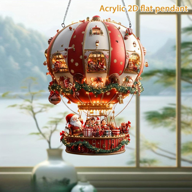Christmas Hot Air Balloon Ornaments 2D Acrylic Xmas Tree Pendant Cartoon Santa in Hot Air Balloon Hanging Decoration for Trees Doors Windows Decor