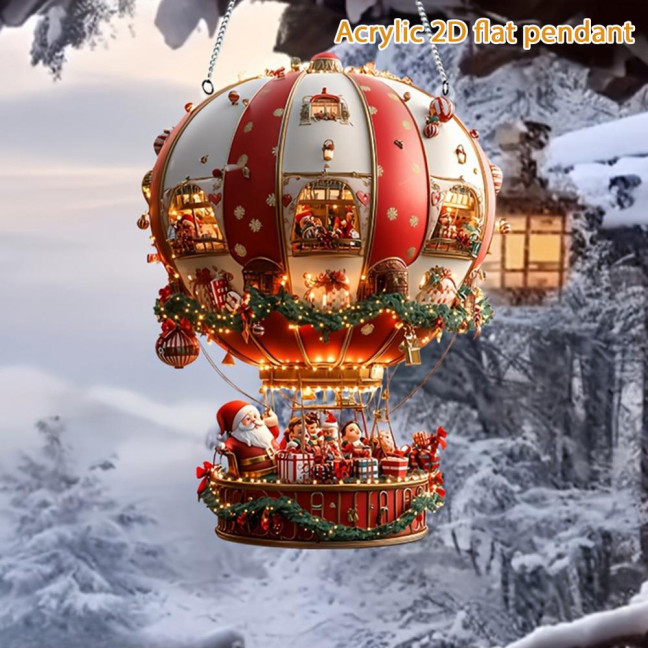 Christmas Hot Air Balloon Ornaments 2D Acrylic Xmas Tree Pendant Cartoon Santa in Hot Air Balloon Hanging Decoration for Trees Doors Windows Decor