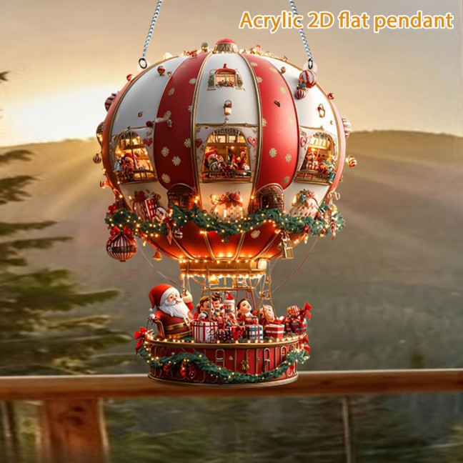 Christmas Hot Air Balloon Ornaments 2D Acrylic Xmas Tree Pendant Cartoon Santa in Hot Air Balloon Hanging Decoration for Trees Doors Windows Decor