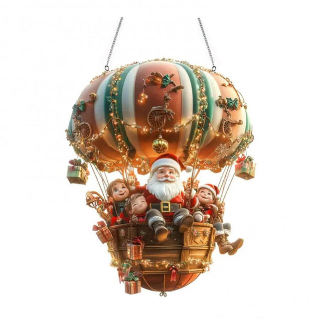 Christmas Hot Air Balloon Ornaments 2D Acrylic Xmas Tree Pendant Cartoon Santa in Hot Air Balloon Hanging Decoration for Trees Doors Windows Decor