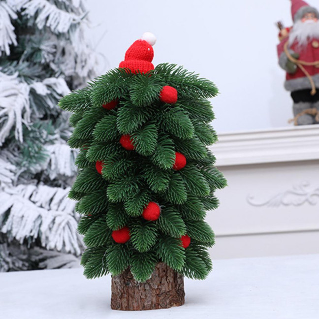 Tabletop Mini Christmas Tree Small Artificial Pine Tree with Wooden Base And Red Balls for Indoor Home Kitchen Dining Table Decor