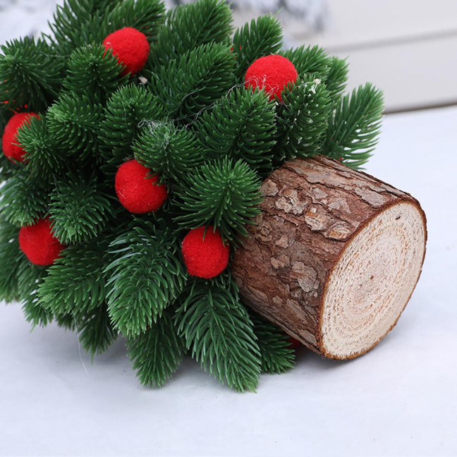 Tabletop Mini Christmas Tree Small Artificial Pine Tree with Wooden Base And Red Balls for Indoor Home Kitchen Dining Table Decor