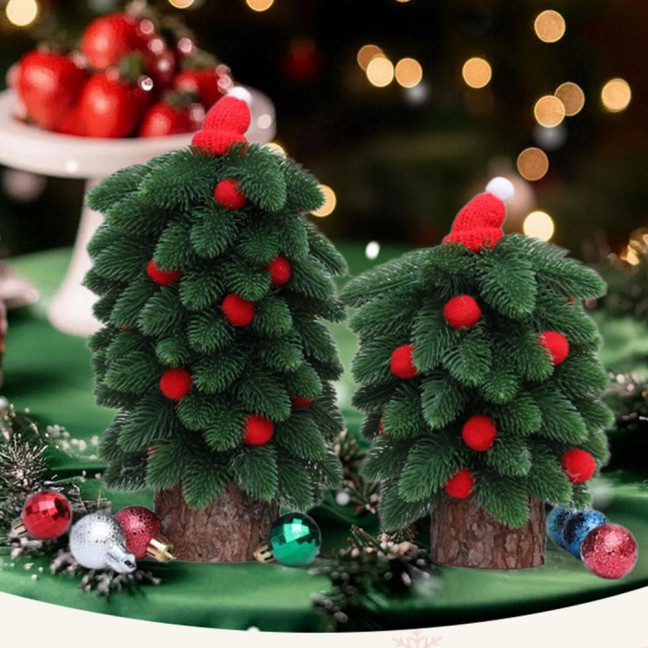 Tabletop Mini Christmas Tree Small Artificial Pine Tree with Wooden Base And Red Balls for Indoor Home Kitchen Dining Table Decor