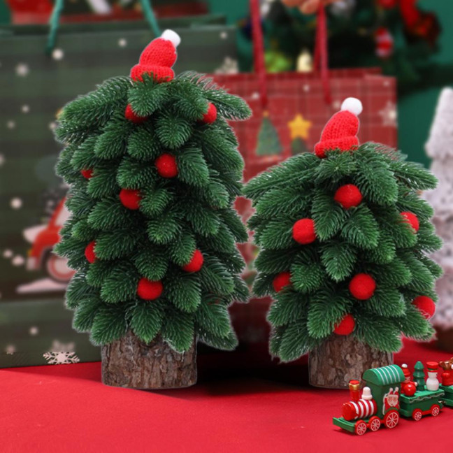 Tabletop Mini Christmas Tree Small Artificial Pine Tree with Wooden Base And Red Balls for Indoor Home Kitchen Dining Table Decor