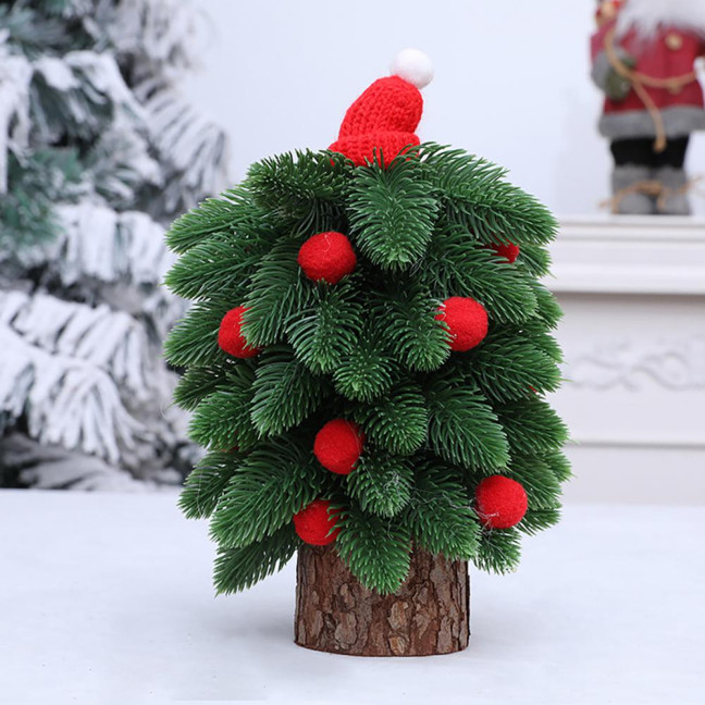 Tabletop Mini Christmas Tree Small Artificial Pine Tree with Wooden Base And Red Balls for Indoor Home Kitchen Dining Table Decor